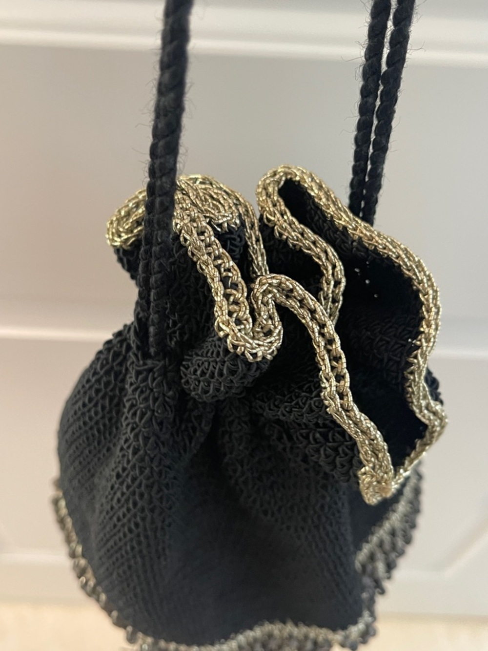 Boho Macramé Black Beaded Fringe Drawstring Satchel / resin bottom - Picture 12 of 13